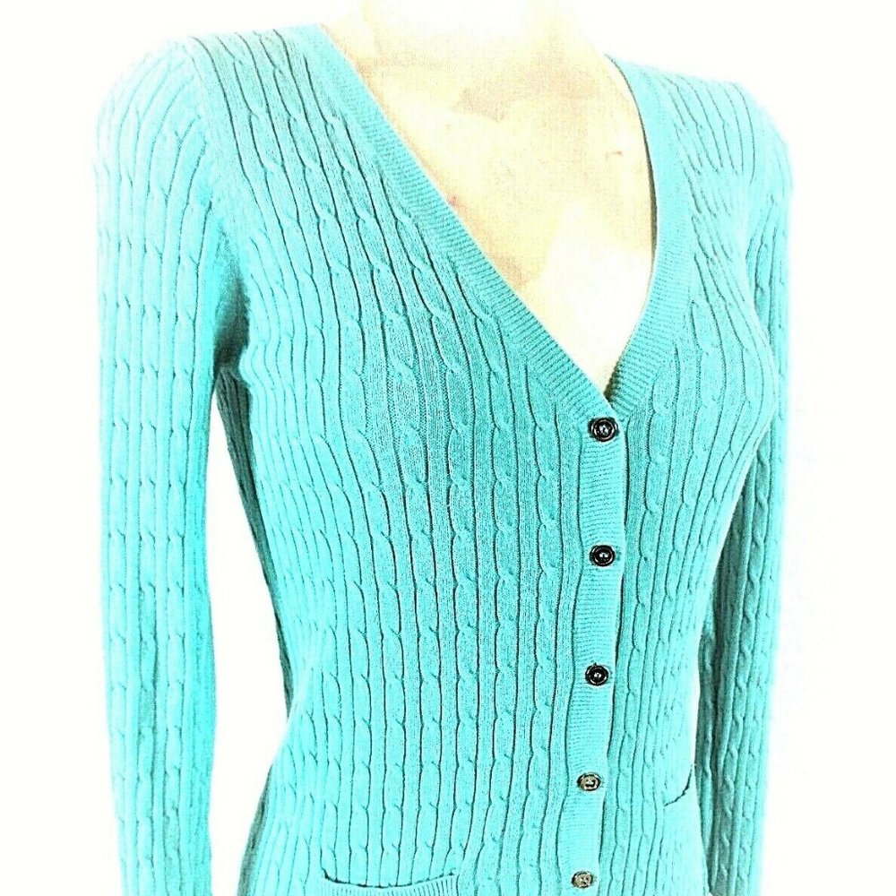 Link womens Medium blue RIB KNIT button down 2 pocket cardigan sweater (C3)pm1